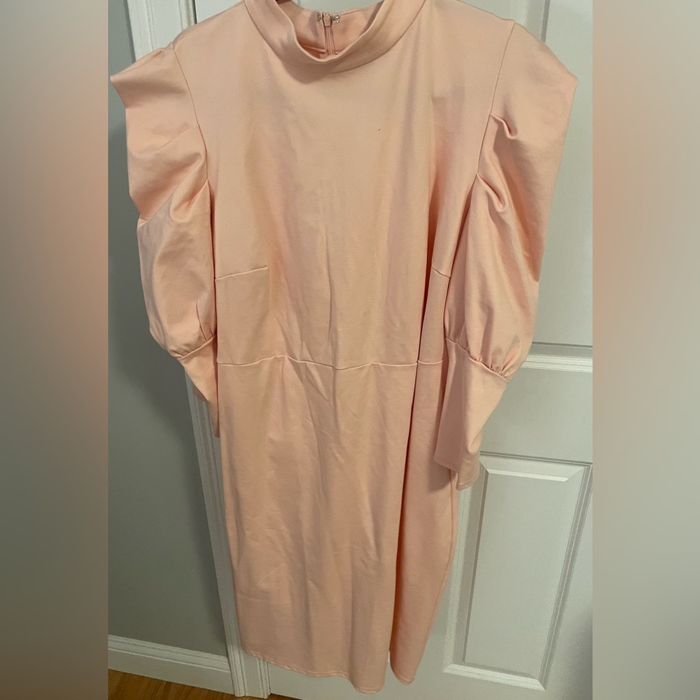 Peach, Elloquii dress with puff sleeves. Fabric has stretch. HAVE in black!